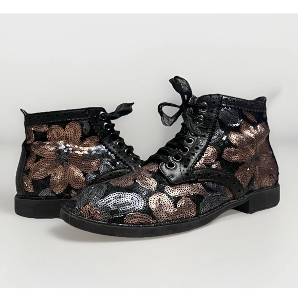 Irregular Choice Liliana Ankle Boots Sequin Floral Lace Up Sz 8 39 6 READ - Picture 1 of 10